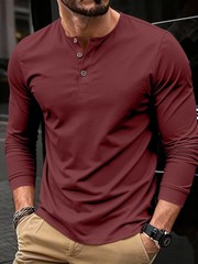 Men’s Summer Casual Long Sleeve Henry Neck T Shirts Fashion Basic Button Gift