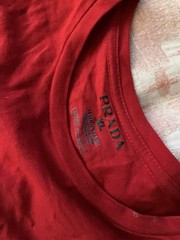 PRADA Milano Red Cotton T-shirt In XL White Logo Crystal Accents Short Sleeve