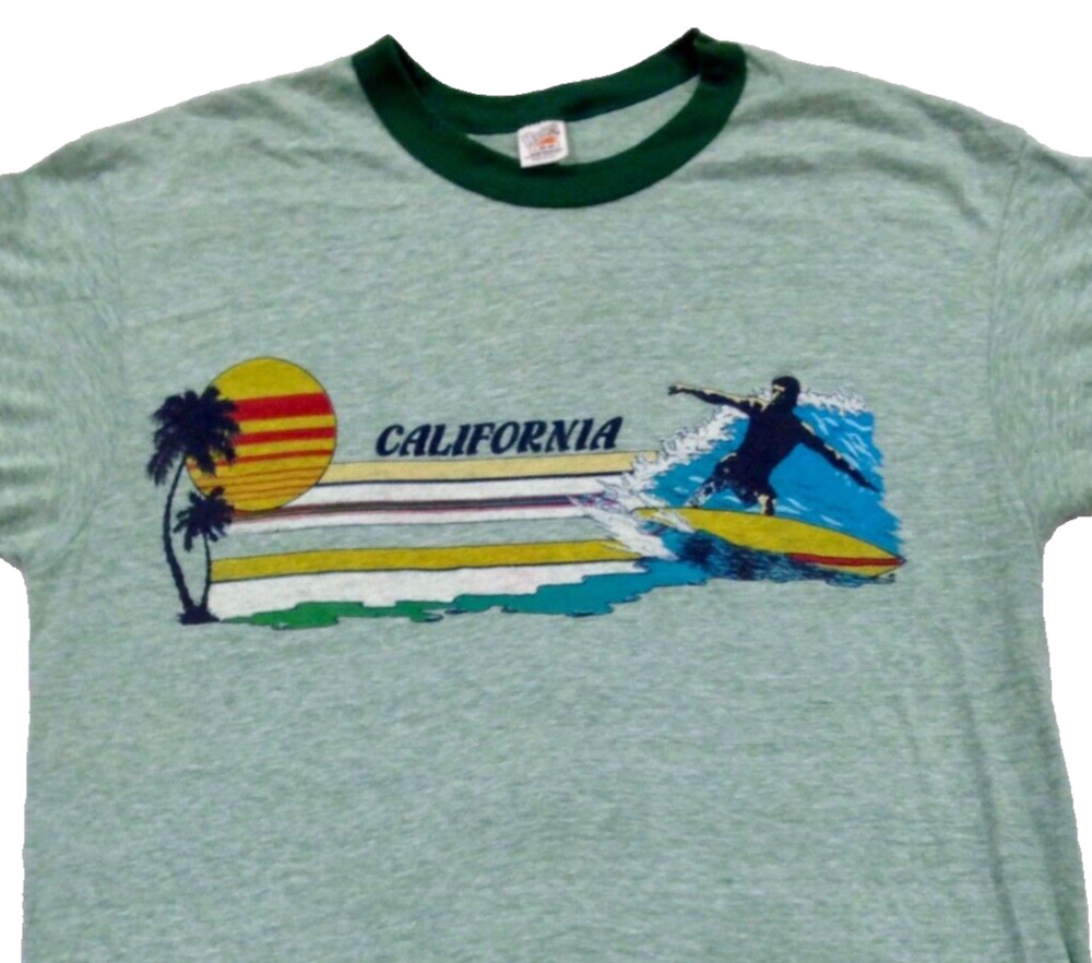 vintage 70s CALIFORNIA SURF SUNSET RINGER T-Shirt MEDIUM beach wave 80s