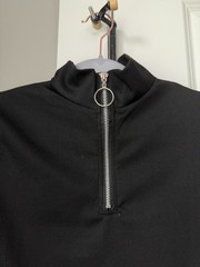 Black Mock Neck Quarter Zip Top Silver Zipper Slim Fit Long Sleeve Pullover