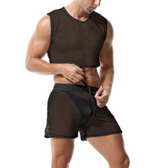 Men 2 Piece Set Fishnet Crop Tops Mesh See-Through Vests Undershirts With Shorts