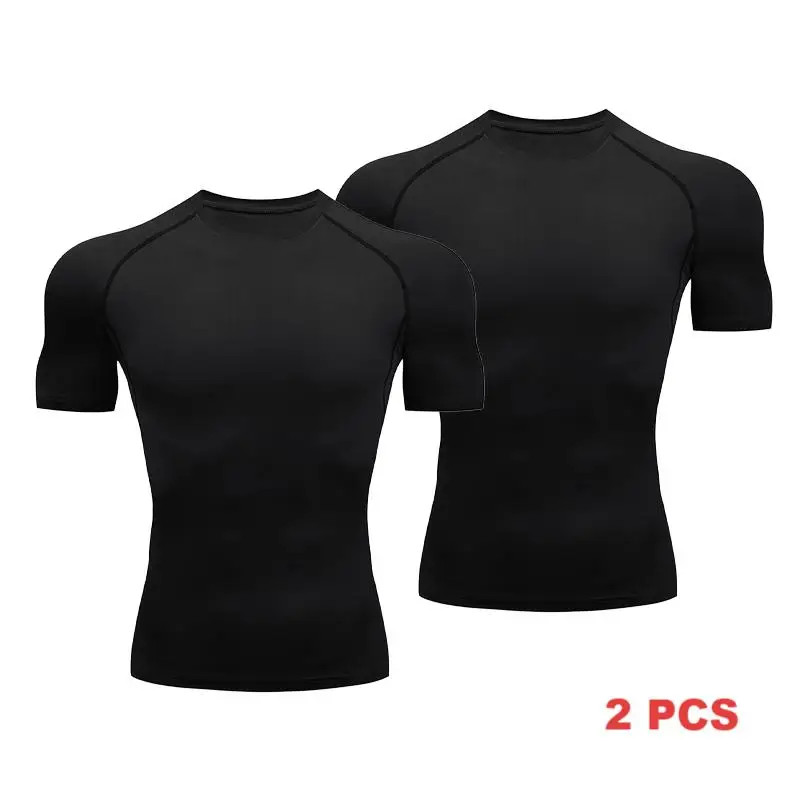 2Pcs Plain Compression TShirts Mens Summer Running shirt Turtleneck Elastic Quic