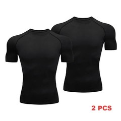 2Pcs Plain Compression TShirts Mens Summer Running shirt Turtleneck Elastic Quic