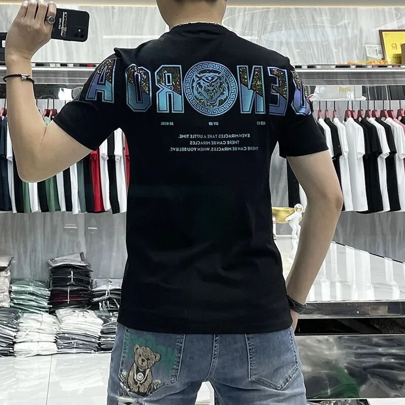 New Fashion Trend Tiger Hot Diamonds Rhinestone Summer Luxury Men Cotton T-Shirt