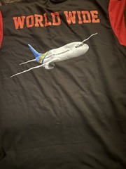 Black “WORLD WIDE” Airplane Graphic Print Crew Neck Short Sleeve T-Shirt Men 2XL