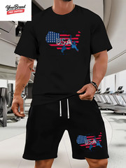 Fashion American Flag Graphic Print T-Shirt Shorts 2-Piece Set Casual Men’S USA