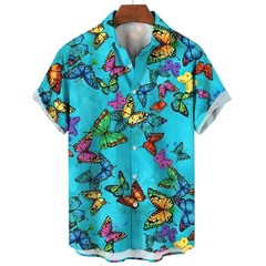 Mens Button Down Colorful Butterfly Print Hawaiian Top Novelty Summer Gift Shirt