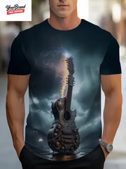 2025 Hip Hop Guitar Graphic T-Shirt for Men Trendy Rock Crew Neck Short Sleeve T