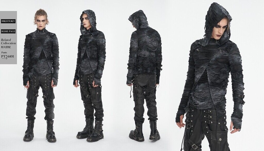 Devil Fashion Men Gothic Distressed Asymmetric Hooded Slim Long Sleeve T-Shirt