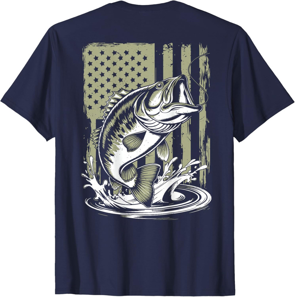 Fishing Camo Bass Fish American Flag Men’s Graphic Fishing T Shirt