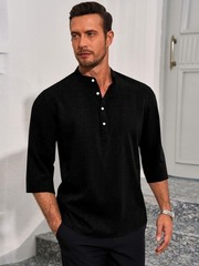 Mens Linen Henley Shirts Casual 3/4 Sleeve Top Lightweight Summer Beach Yoga …