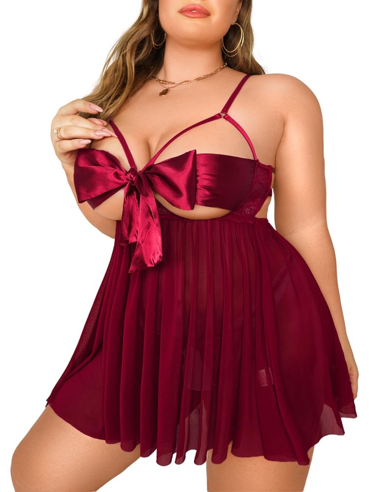 Unwrap Me Ribbon Split Back Flowy Gifts Plus Size Lingerie 2 PCS