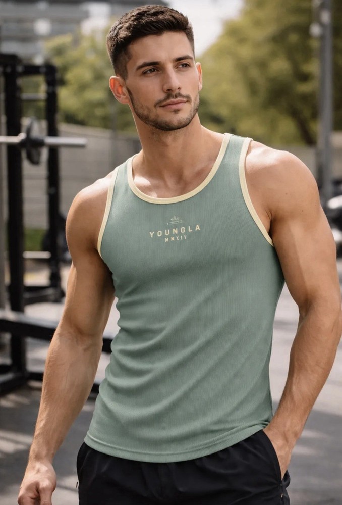 YoungLA TANK TOP 95% Cotton 5% lycra Sage green, cream trim