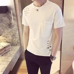 Men’s Stylish Ripped Crew Neck Cotton T-Shirt Slim Fit Short Sleeve Casual Top