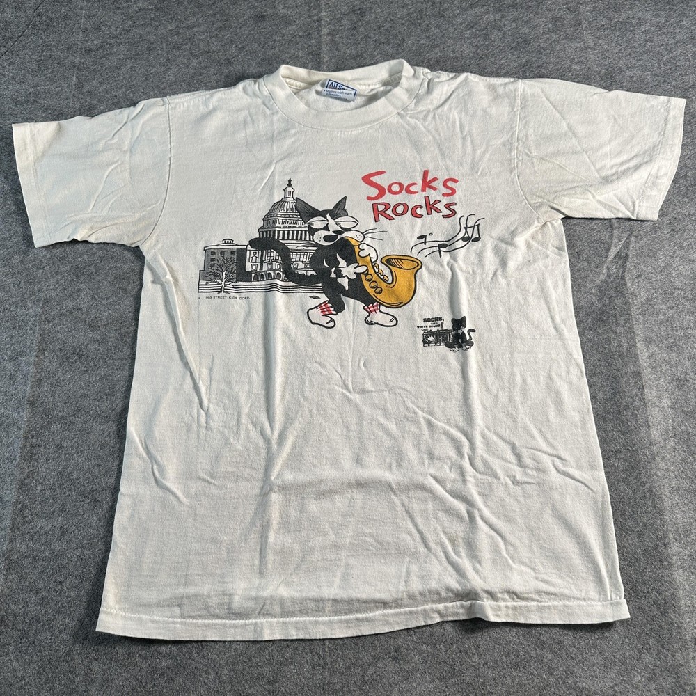 Vintage Socks the Cat Shirt Mens Medium White Capitol Rocks Saxophone 90s USA