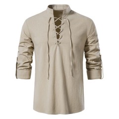 Men’s Casual Long Sleeve Henry Shirt Lace-Up Stand-Up Collar Cotton Linen Blouse