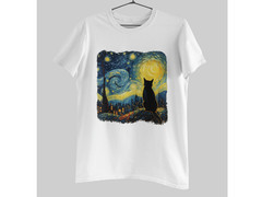 Starry Night Cat T-Shirt Van Gogh Style Night Sky Cat Silhouette Tee 100% Cotton