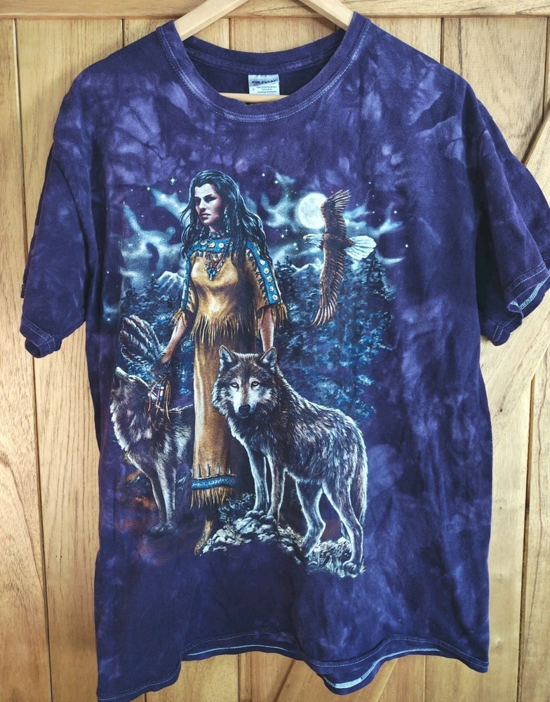 Vintage Desert Wash Tie Dye Native American Wolf T-shirt Sz Large Eagle Wolf