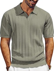 Mens V-Neck Polo Shirt Knit Textured Breathable Summer Casual Top