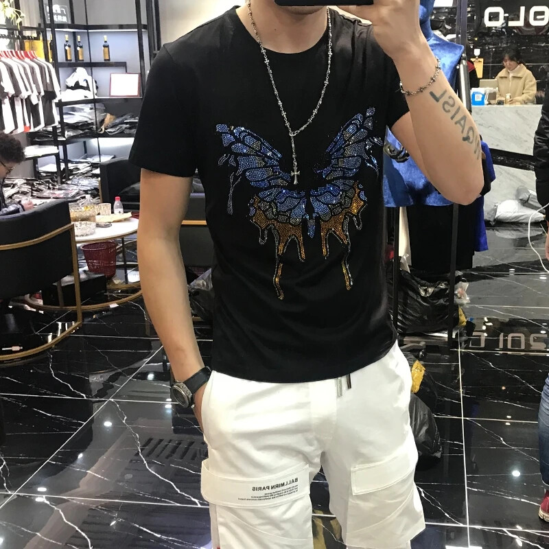 New Fashion Trend Butterfly Hot Drilling Rhinestones Summer Luxury Men T-Shirt