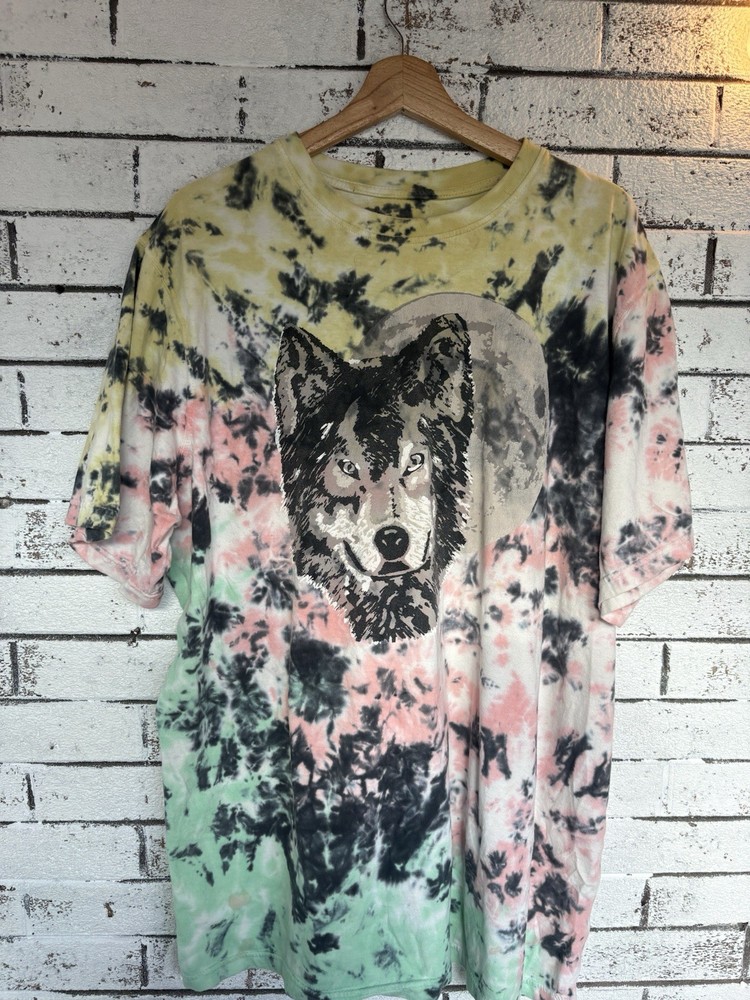 Vintage Wolf & moon Tshirt Tye Dye XL multicolor fun relaxed fit