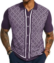 Men’s Vintage Knitted Polo Shirt 70s Style Contrast Color Short Sleeve Casual