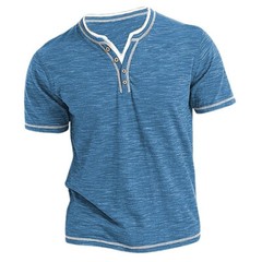 Herren T-Shirt Knopfleiste Vintage Slim V-Ausschnitt Top Hemd Kurzarm Oberteile