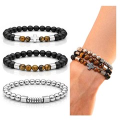 3 PCS Triple Protection Bracelet Set for Men Tiger Eye, Hematite, Onyx Beaded…