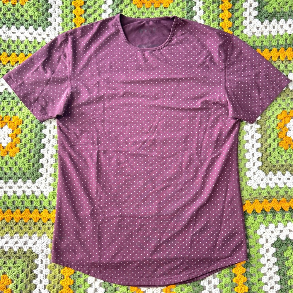BYLT Basics Drop Cut Lux Shirt Short Sleeve Burgundy Polka Dots Men’s Large