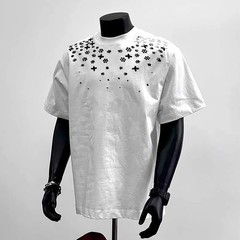 Men’s Floral Rhinestone Short Sleeve Tee Luxury Sparkly Casual Mock Neck T-Shirt