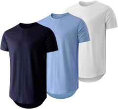 Mens 3 Pack Cotton Longline Crewneck T-Shirts Casual Hipster Fit Tee Set