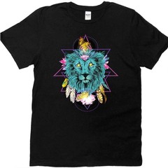 Lion Crystal Feather Graphic Tee Boho Spiritual Animal Sacred Geometry Mystic.