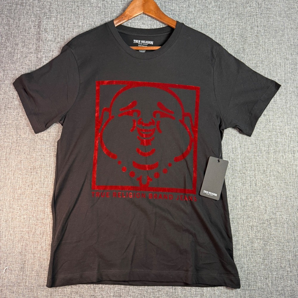 True Religion Buddha Face Graphic Tee Jet Black Red Velvet Print Mens M NWT