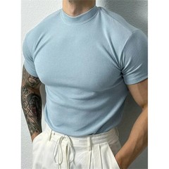 Men T Shirt Stripe Print Short Sleeve Elastic Fit High Collar Sport Gym Training