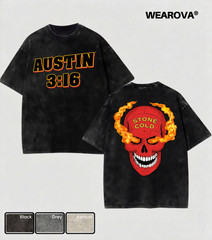 Wearova Stone Cold Steve Austin 3:16 Wash Red Skull Heavy Cotton T-shirt WWE