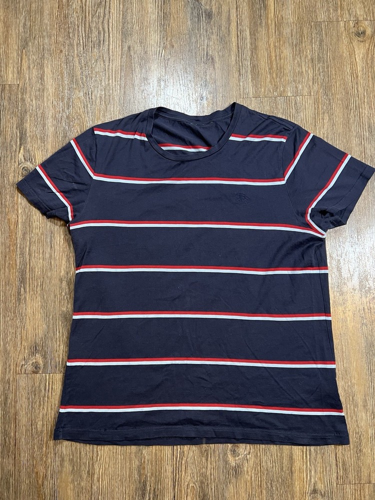 Burberry Cotton Crewneck Logo T-Shirt Mens Large Blue Striped
