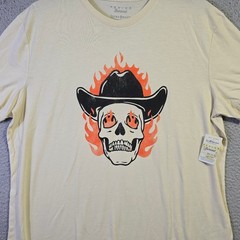 Lucky Brand Flaming Skull Shirt 2XL XXL Beige Casual Cowboy Hat Fire NWT