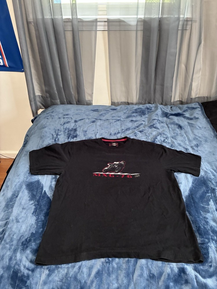G.H. Bass black cotton t-shirt with red motorcycle graphic text, size L