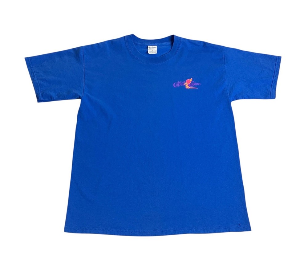 Vintage Y2K Isle Of Capri Casino Shirt Mens L Blue Double Sided Parrot Graphic