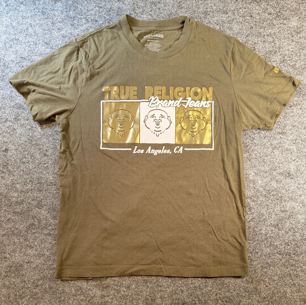 True Religion Metallic Gold Buddha Graphic T‑Shirt Olive Green Size M