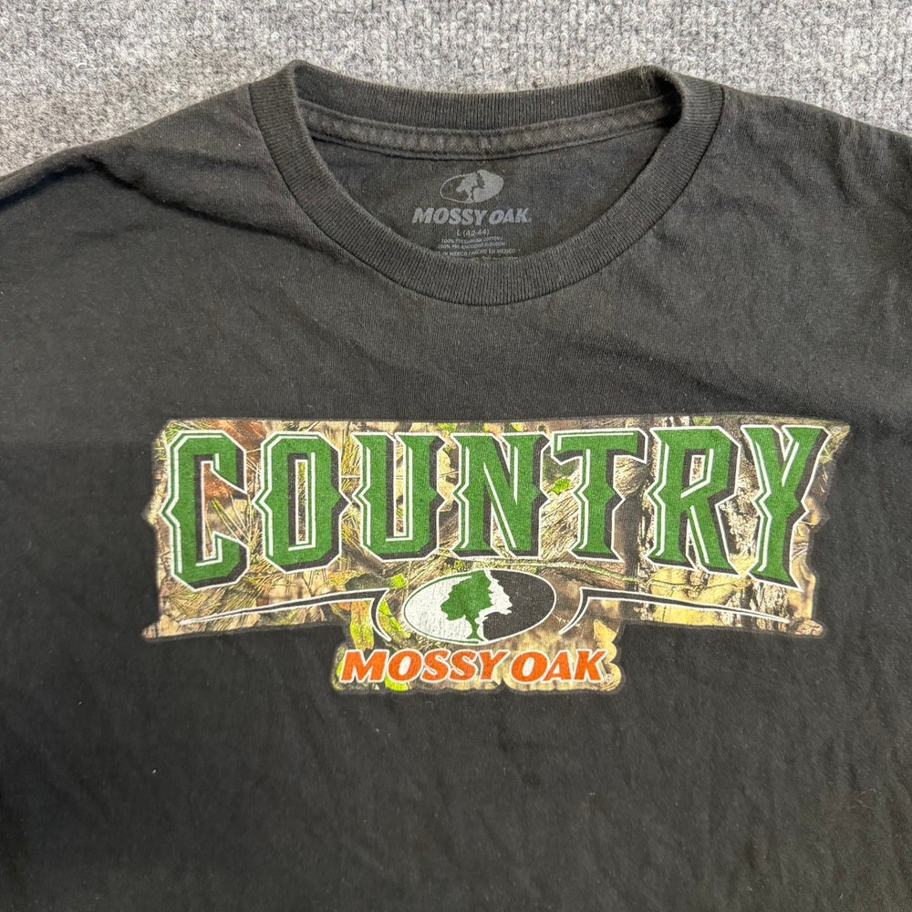 Mossy Oak T-Shirt Mens Size L Black Country Camo Graphic Logo Cotton Crewneck