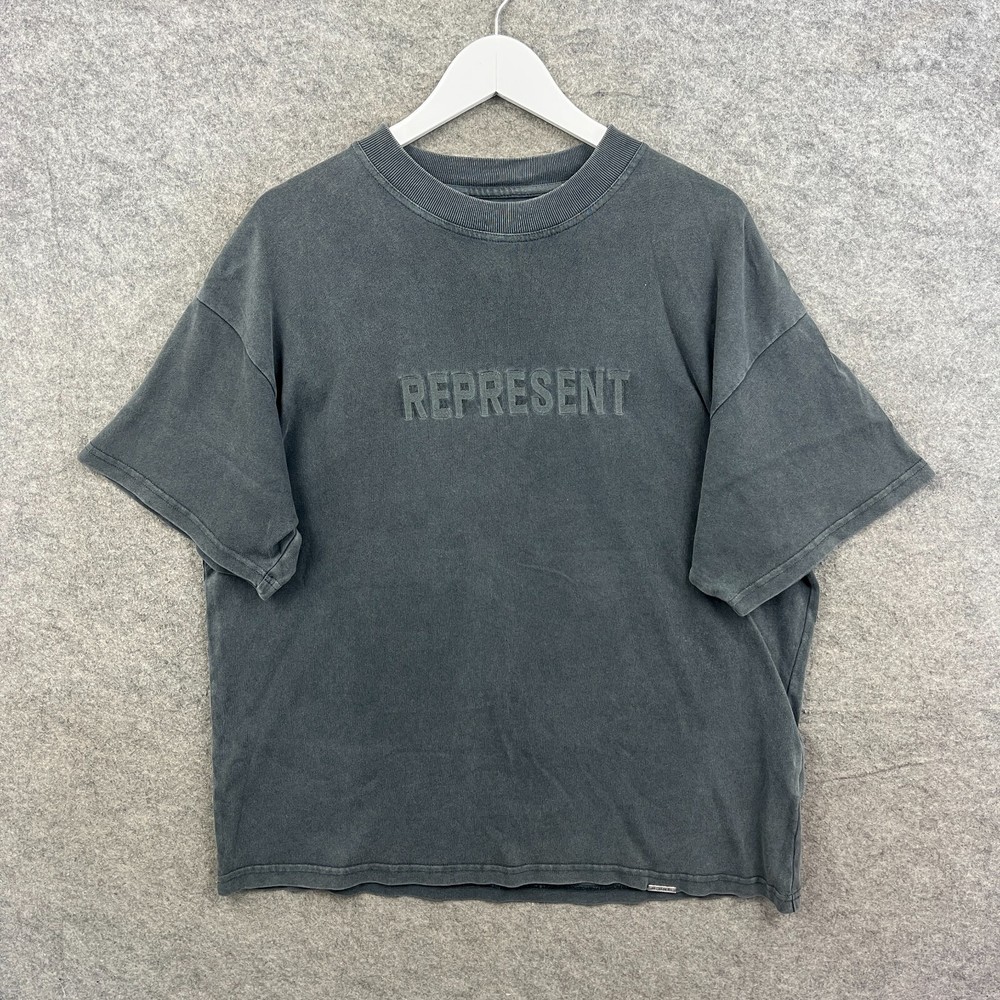 Represent Shirt Mens Medium Grey Oversized Crew Neck Logo Spell Out Faded Top