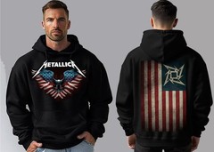 METALLICA AMERICAN FLAG BLACK HOODIE FRONT AND BACK PRINT MEN’S 100% SILK SCREEN