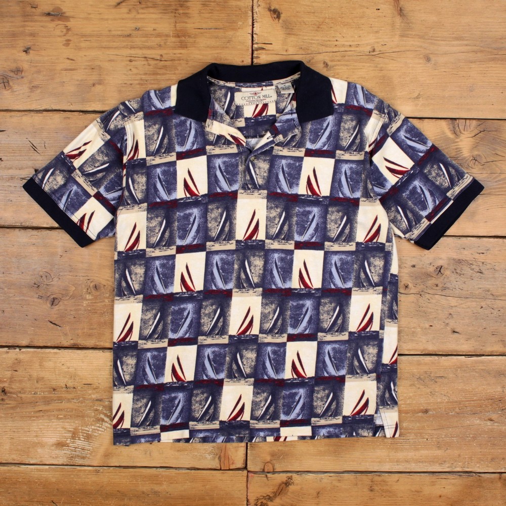 Vintage Cotton Mill Shirt T-Shirt M Mens 00s Cream Retro Sailing Graphic Pattern