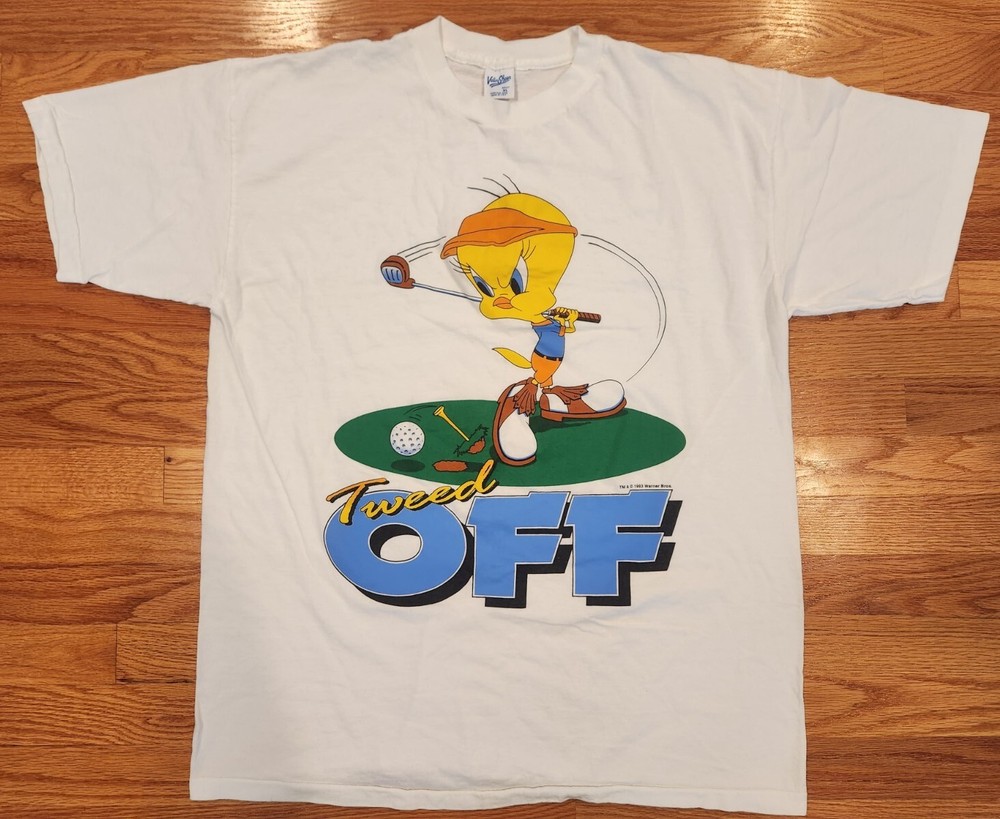 Tweety Bird Looney Tunes Shirt Tweed Off Golf XL 1993 Used White Velva Sheen WB