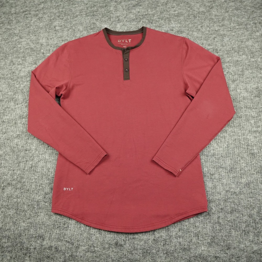 BYLT Shirt Mens Small Maroon Drop Cut Long Sleeve Henley LUX Stretch Casual-