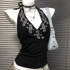 Y2K Black V-Neck Halter Top Boho Floral Embroidered Vintage Retro Festival Cami