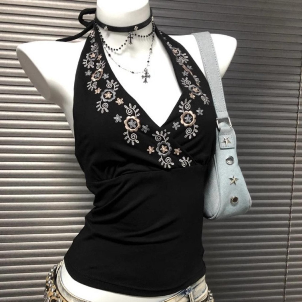 Y2K Black V-Neck Halter Top Boho Floral Embroidered Vintage Retro Festival Cami