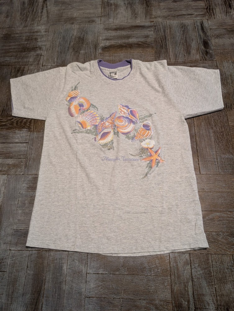 Vintage 90s Memphis Tennessee T-Shirt Seashells Starfish Graphic M/L Gray Purp