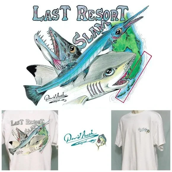 Cartoon Shark Barracuda Needlefish Florida Key Fisherman Fun Men’s Large T-Shirt